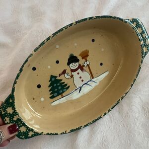 Stoneware Casserole Dish Green Spongeware Snowman